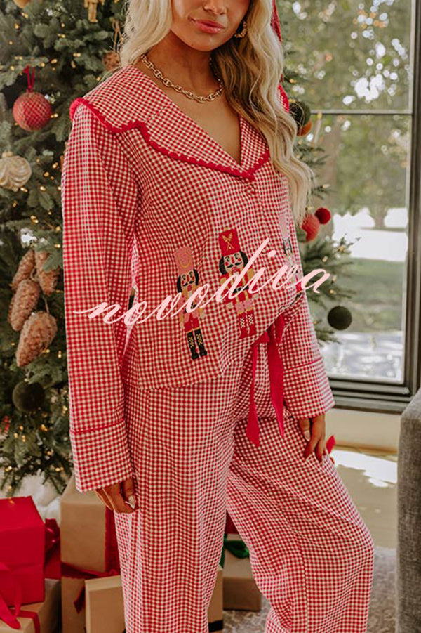 Nutcracker Charm Embroidered Gingham Loose Shirt and Elastic Waist Pajama Set