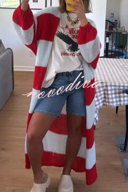 Fashionable Contrast Stripes Lazy Style Loose Long Knitted Cardigan