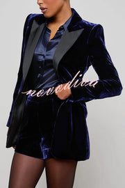 Bold Modern Velvet Contrast Satin Lapel Blazer and High Rise Pocket Shorts Set
