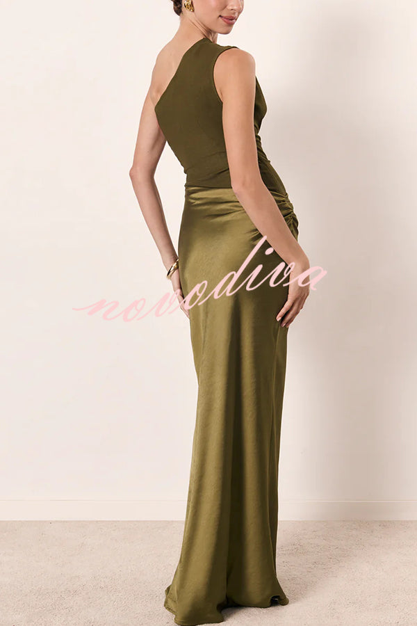 Kaia Satin Contrast Fabric Patchwork One Shoulder Ruched Maxi Dress