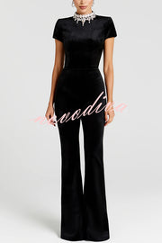 Lucia Luxurious Velvet Jewel-encrusted Turtleneck Short Sleeve Flare Stretch Jumpsuit