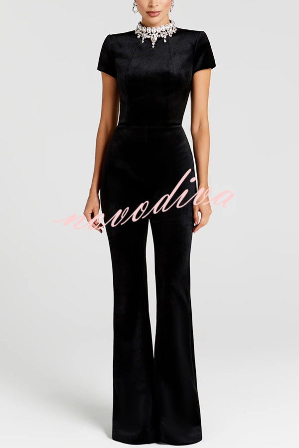 Lucia Luxurious Velvet Jewel-encrusted Turtleneck Short Sleeve Flare Stretch Jumpsuit