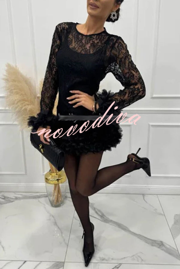 Alyssa Lace Fabric Tulle Layered Petals Trim Long Sleeve Mini Dress