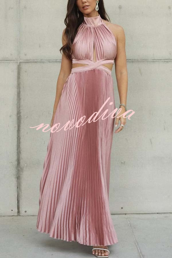Stunning Choice Satin Pleated Halter High Neck Cutout Waist Backless Maxi Dress