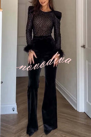 Monique Fish Scale Lace Sequin Velvet Patchwork Feather Trim Belted Stretch Flare Jumpsuit