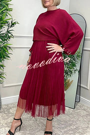 Fenna Ribbed Sequin Trim Batwing Sleeve Sweater and Pleated Tulle Stretch Tank Midi Dress Two-piece Set