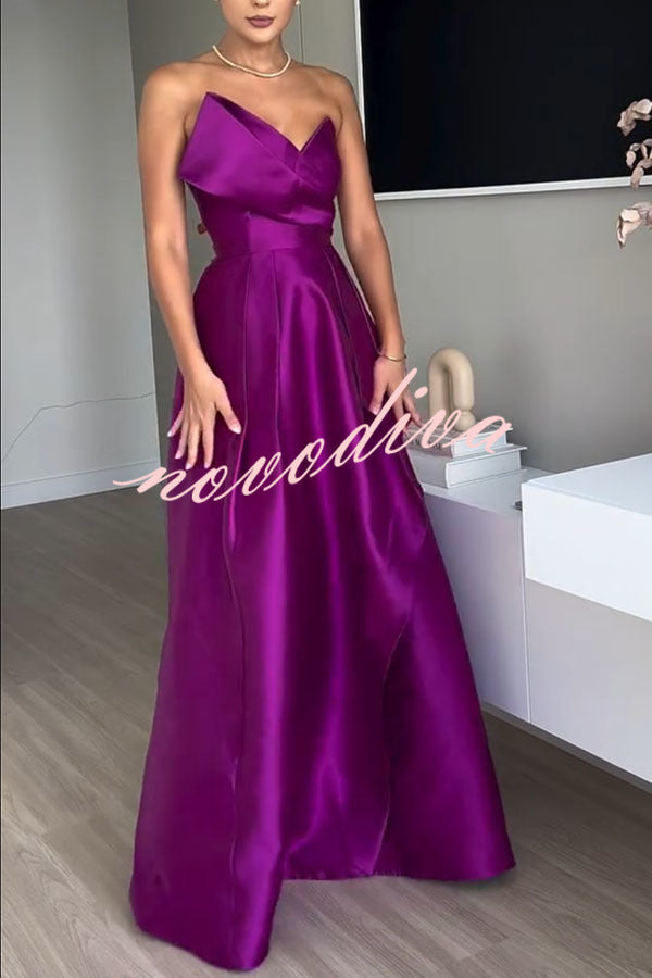 Queen Style Satin Triangular Shape Off Shoulder Prom Maxi Dress