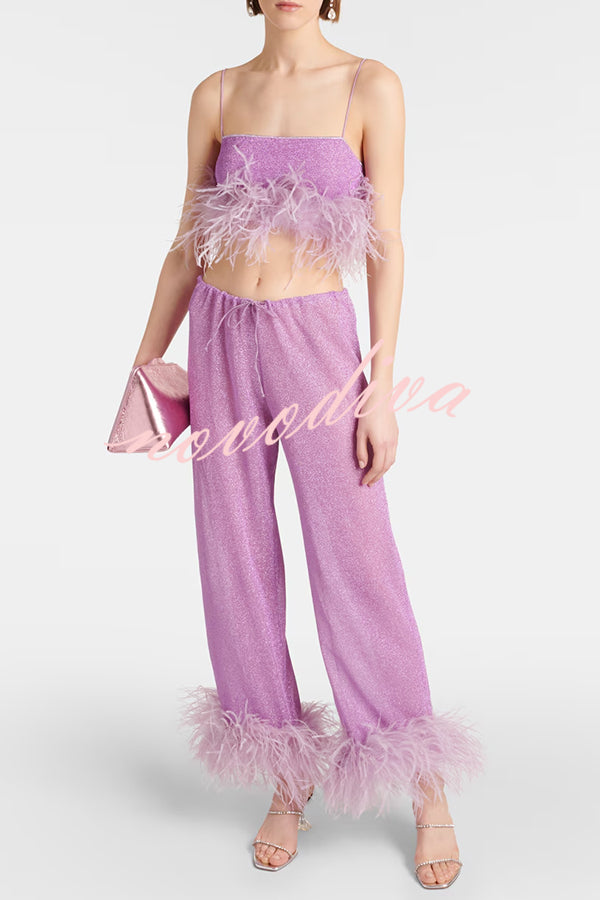 Music Carnival Glitter Stretch Fabric Feather Trim Tank and Elastic Waisted Flared Pants Set