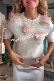 Alboran Knit Organza Flowers Detail Short Sleeve Loose Sweater