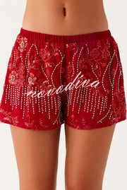 Dazzling Sequin Beaded Material Low Rise Elastic Waist Loose Shorts