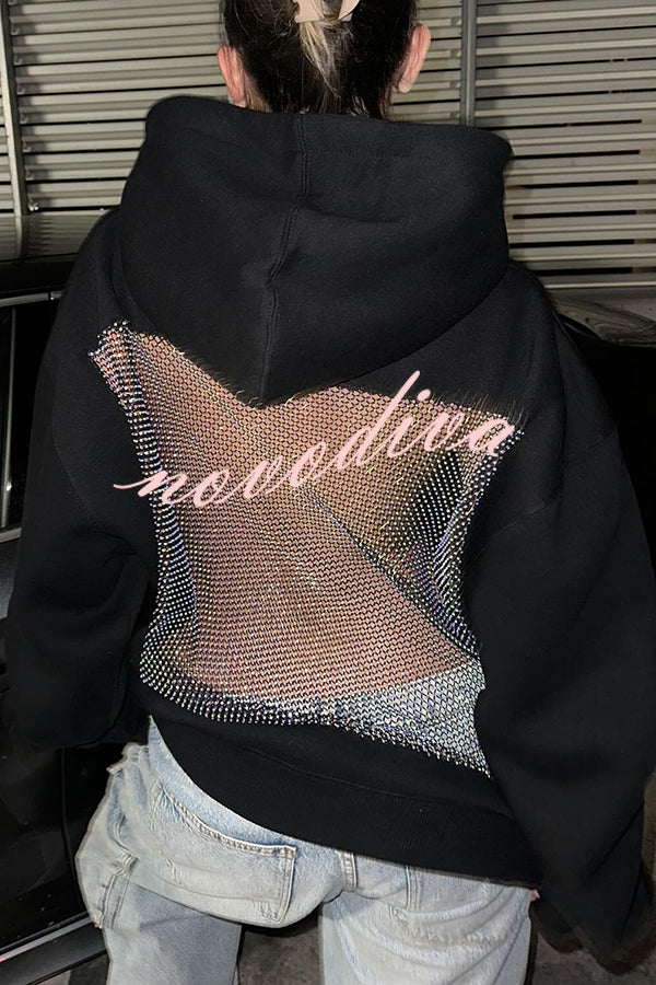 Fashionable Shiny Mesh Hollow Back Loose Long-sleeved Hooded Sweatshirt