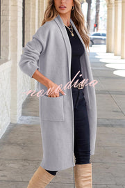 Solid Color Long-sleeved Casual Loose Pocket Mid-length Cardigan