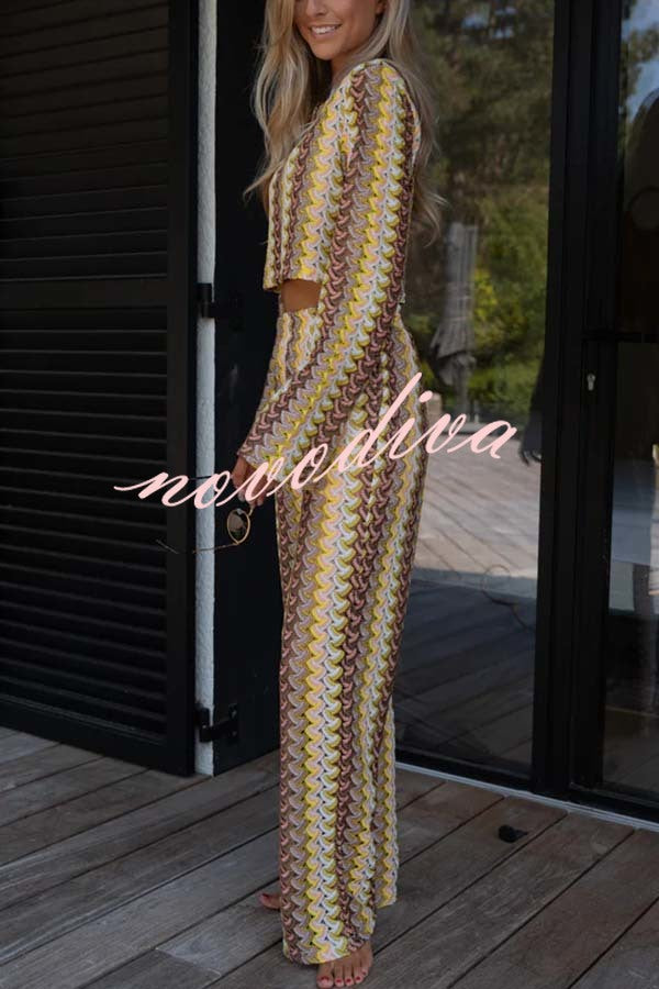 Tamia Knit Colorful Wave Unique Print Crop Top and Stretch Wide Leg Pants Set