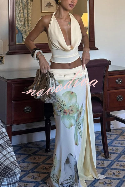 Beautiful Statement Cowl Neck Halter Tank and Floral Ruched Waist Slit Maxi Skirt Set