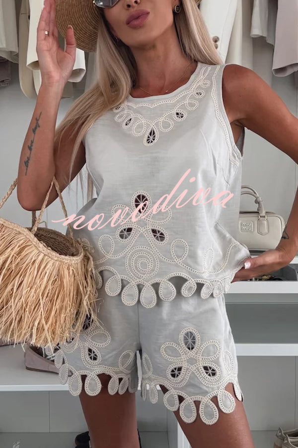 Angie Embroidery Cut-out Sleeveless Top and Elastic Waist Loose Shorts Set