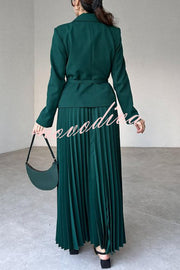 Solid Color Lapel Button Belt Blazer and Pleated Casual Maxi Skirt Set