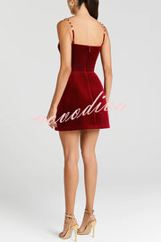 Harley Luxurious Velvet Fabric Jewel-embellished Shoulder Straps Pocket Tulip Mini Dress