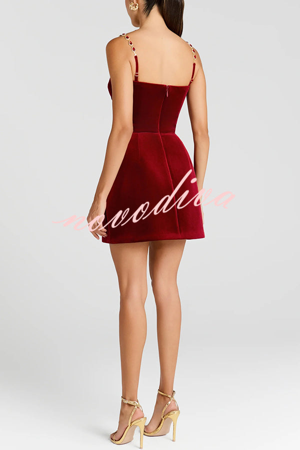 Harley Luxurious Velvet Fabric Jewel-embellished Shoulder Straps Pocket Tulip Mini Dress