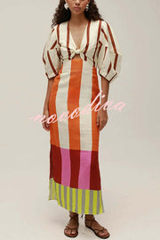 Kaya Linen Blend Color Block Print Front Cutout Knot Puff Sleeve Maxi Dress