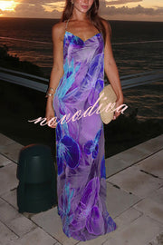 Floral Print Sexy Backless Slit See-Through Holiday Maxi Dress