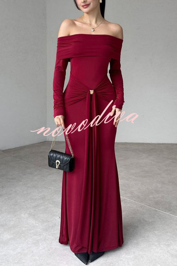 Naia Off Shoulder Long Sleeve Metal Buckle Adjustment Drape Stretch Maxi Dress