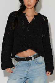 Solid Color Loose-fitting Openwork Long-sleeved Knit Sweater