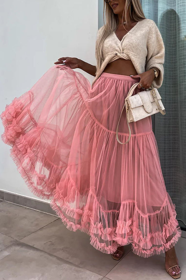 Elegant Tulle Stretch Waist Paneled Pleated Maxi Skirt