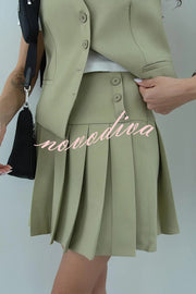 Solid Color Sleeveless Buttoned Vest and High-waisted Pleated Mini Skirt Set