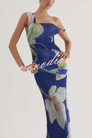 Drama Elegance Mesh Floral One Shoulder Ruched Stretch Maxi Dress