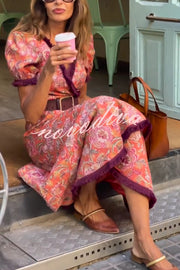 Bohemian Floral Print Elegant Puff Sleeve Holiday Maxi Dress