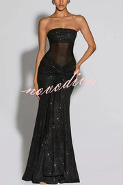 Paula Sequined Mesh and Jersey Off Shoulder Ruched Knot Drape Shawl Maxi Dress
