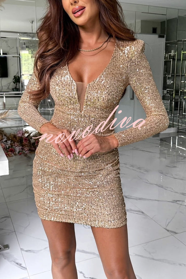 Dreamy and Dazzling Sequin Mesh V-neck Long Sleeve Ruched Stretch Mini Dress