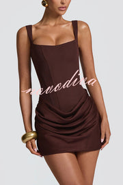 Cornelia Square Neck Back Lace-up Satin Drape Hem Mini Dress