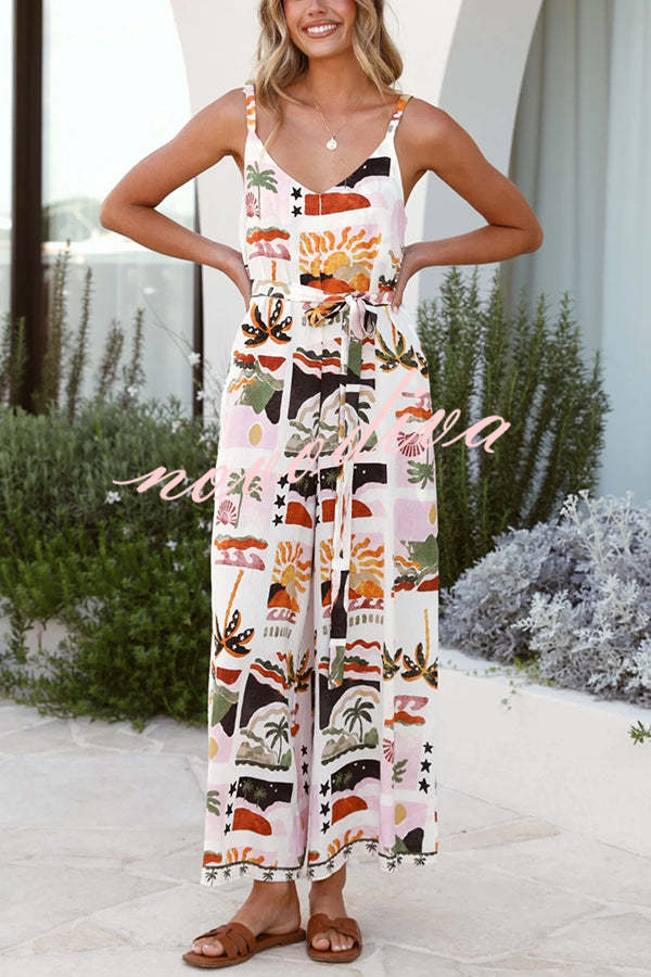 Unique Beach Vacation Print V-neck Suspenders Casual Wide-leg Jumpsuit