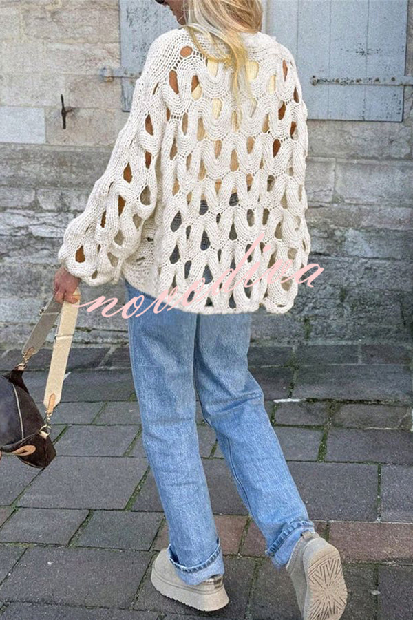 Solid Color Casual Hollow Long-sleeved Holiday Knitted Sweater