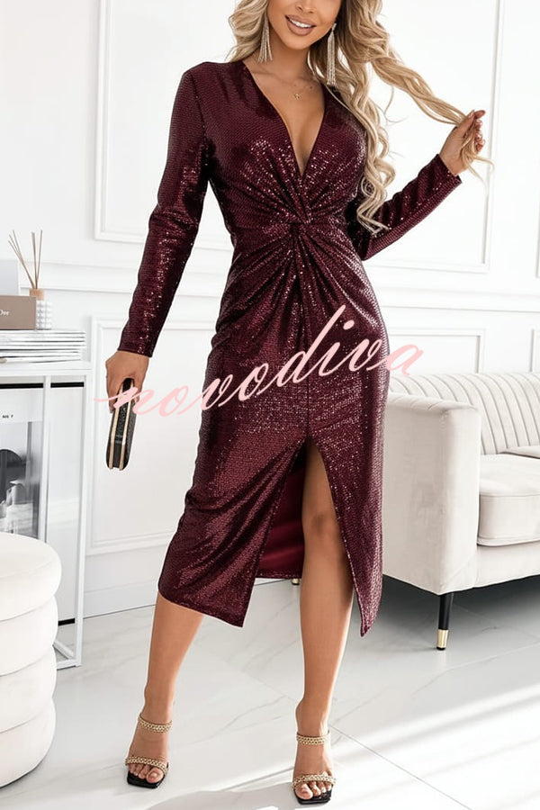 Coralia Sequin V-neck Long Sleeve Twist Waist Front Slit Midi Dress