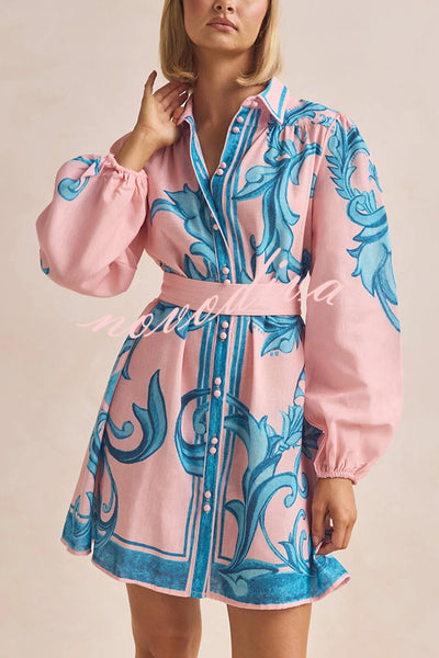 Botanical Print Lapel Puff Sleeve Vintage Belt Loose Mini Dress