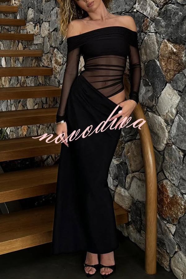 Exquisite Sexy Mesh Patchwork Off Shoulder Cutout Ruched Maxi Dress