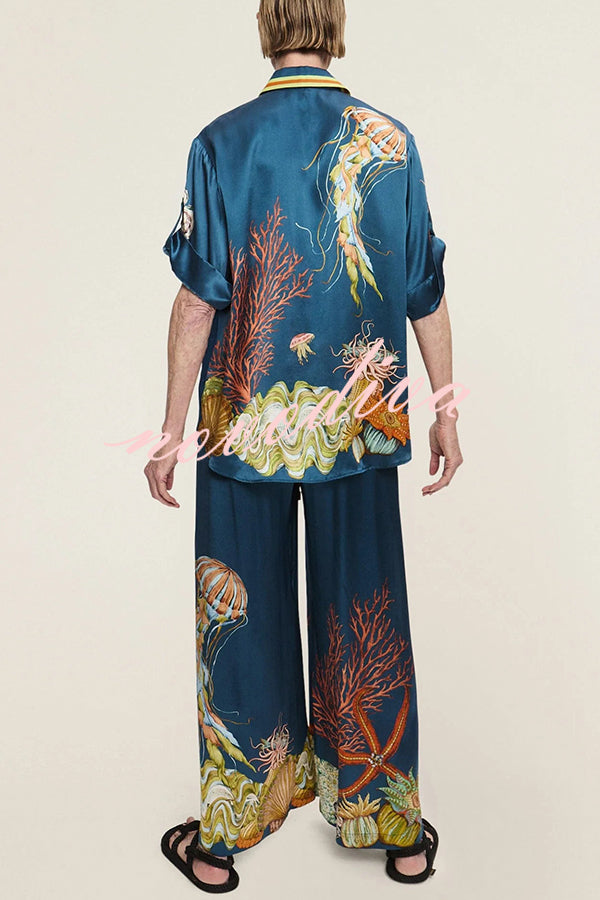 Linen Blend Unique Print Lapel Short Sleeve Shirt and Elastic Waist Loose Pocket Wide Leg Pants Set