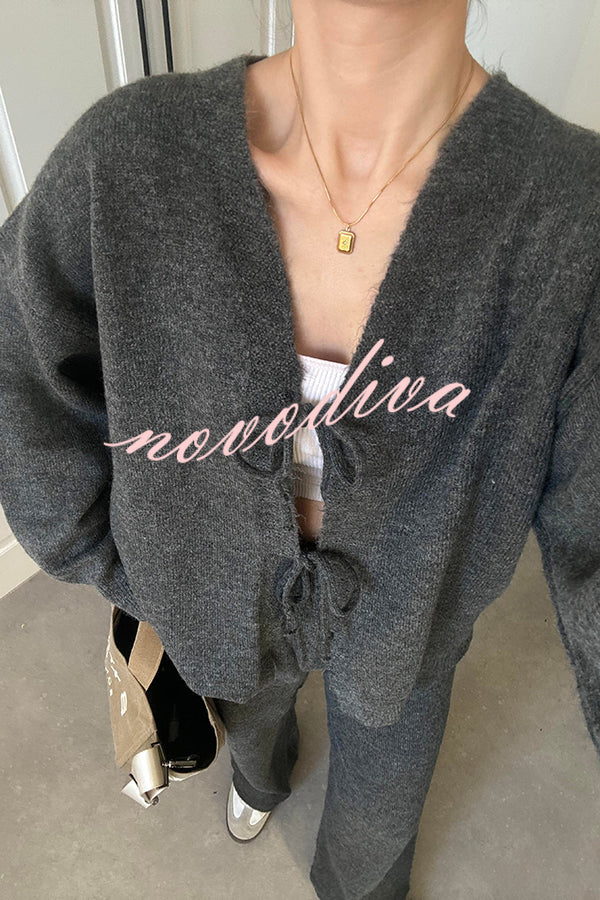 Solid Color V-neck Tie Long-sleeved Loose Knit Cardigan and Elastic Waist Casual Straight Leg Pants Set