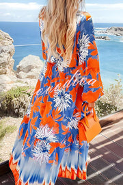 Unique Print V-Neck Long Sleeve Full Hem Holiday Maxi Dress