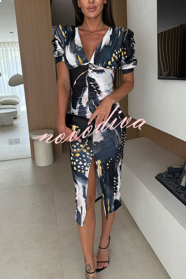 Unique Print V-Neck Puff Sleeve Slit Slim Midi Dress