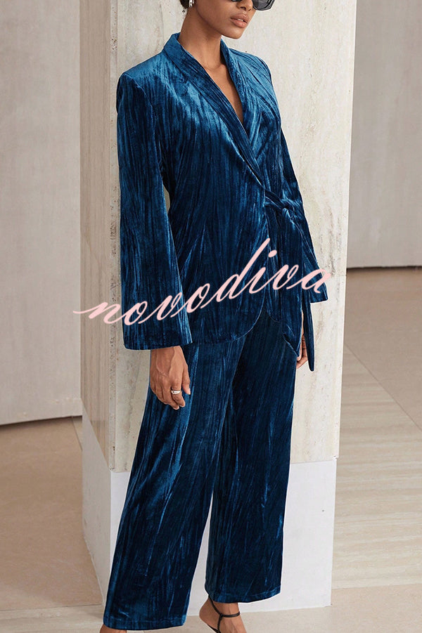 Solid Color Velvet Pleated Long-sleeved Tie Top and Casual Pocket Straight-leg Pants Set
