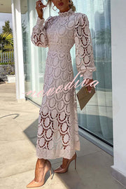 Romantic, Sensual and Elegant Crochet Lace Lantern Sleeve Party Midi Dress