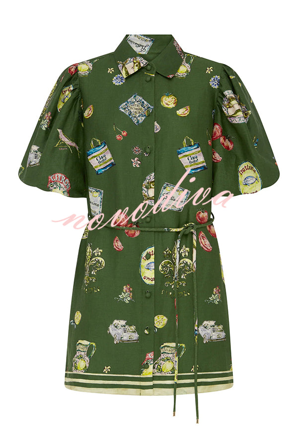 Linen Blend Unique Print Puff Sleeve Casual Mini Dress