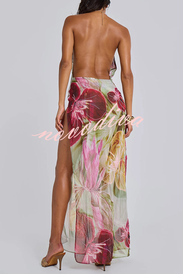 Floral Print Sexy Backless Slit See-Through Holiday Maxi Dress