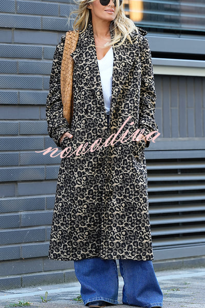 Leopard Affair Animal Print Epaulettes Long Sleeve Pocketed Lapel Midi Trench Coat