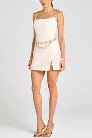 Timeless Exquisite Tweed Fabric Metal Coin Chain Detail Slip Mini Dress