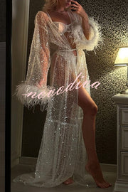 Fashionable Sequined Feather Long-sleeved Vacation Loose Extra-long Sun Protection Cover-up