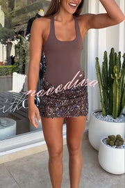 Shine Your Event Ruched Sequin Draped Hem Tank Stretch Mini Dress